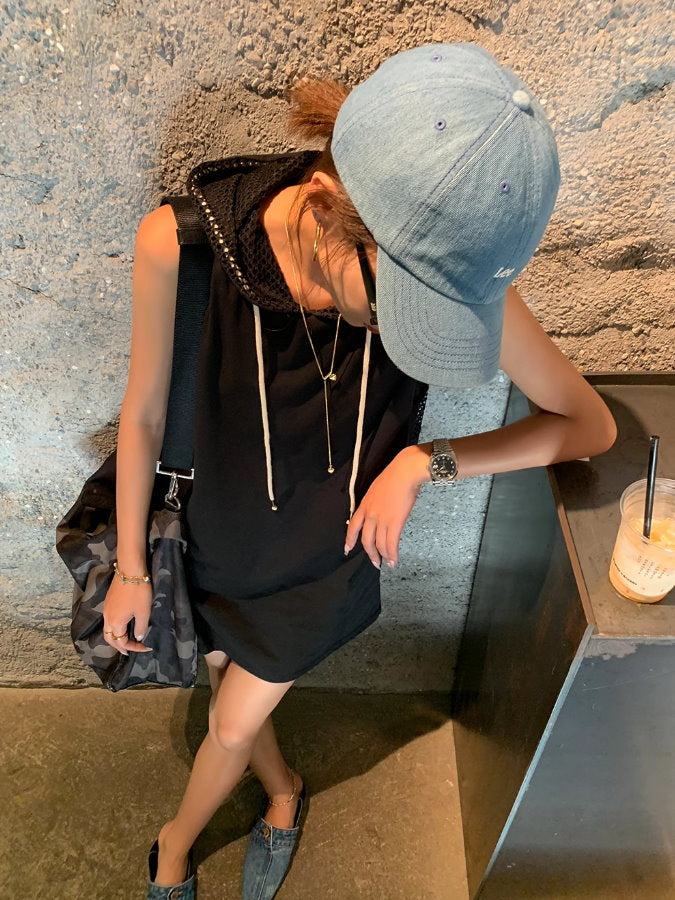 Back Mesh Sleeveless Hoodie Dress_BDHL4862