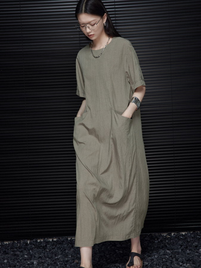 Back Ribbon Round Neck Long Dress_BDHL4660