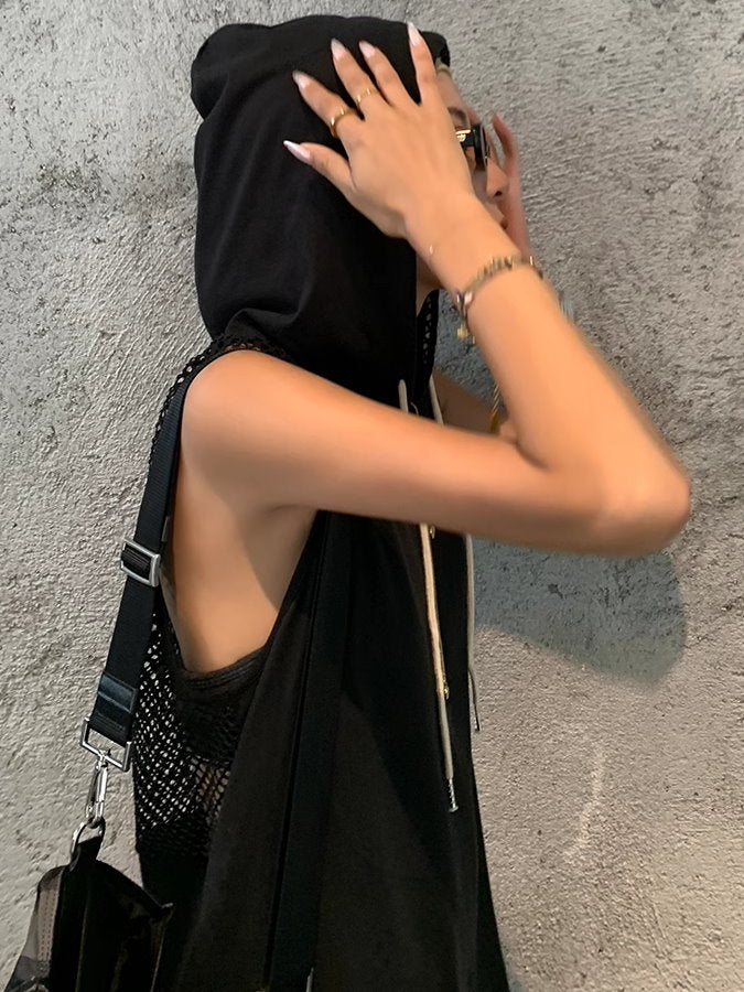 Back Mesh Sleeveless Hoodie Dress_BDHL4862