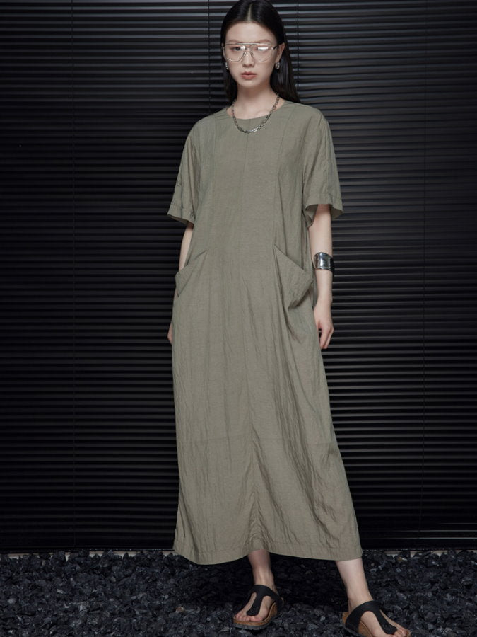 Back Ribbon Round Neck Long Dress_BDHL4660