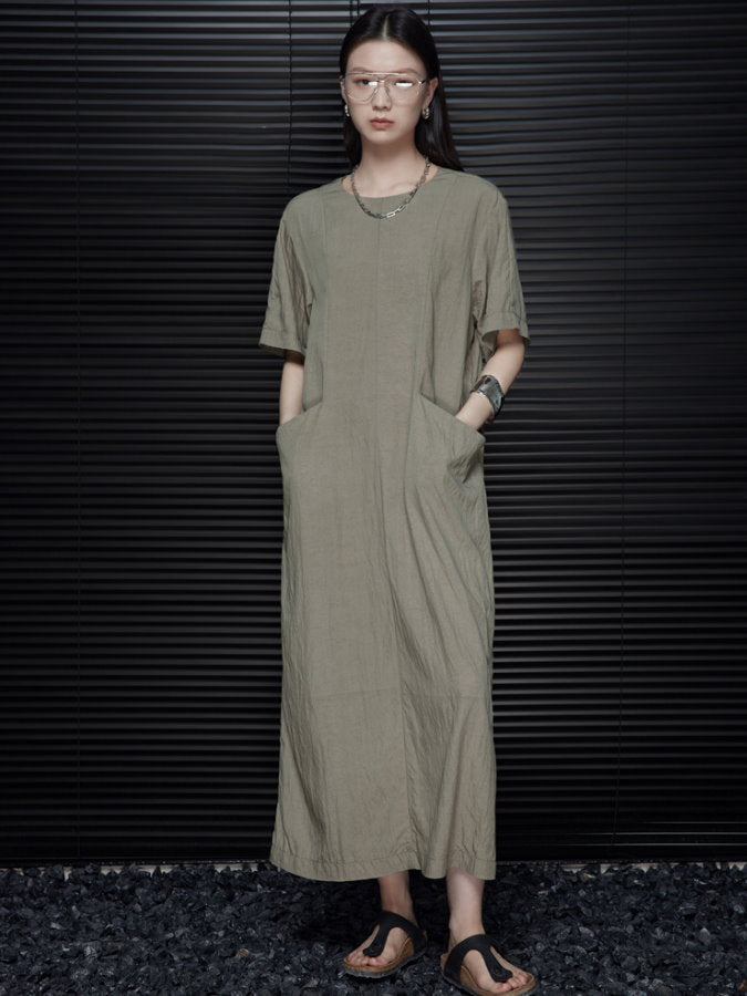 Back Ribbon Round Neck Long Dress_BDHL4660