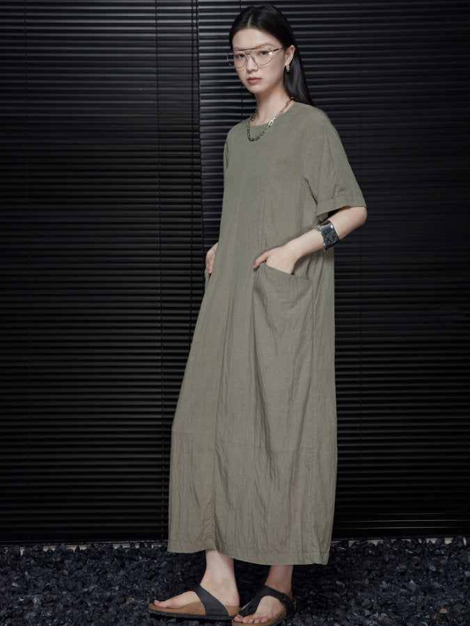 Back Ribbon Round Neck Long Dress_BDHL4660