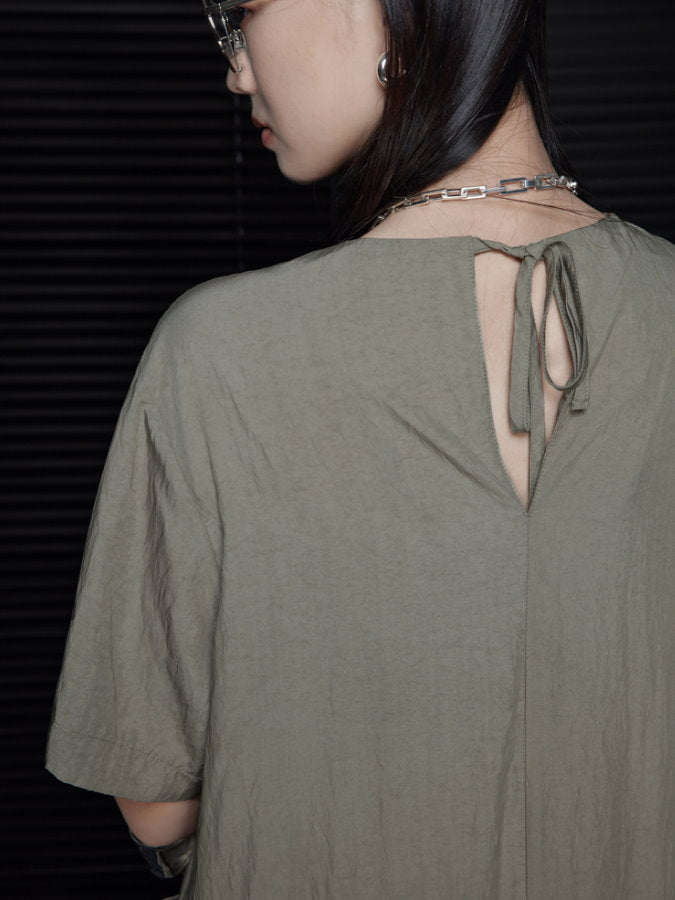 Back Ribbon Round Neck Long Dress_BDHL4660