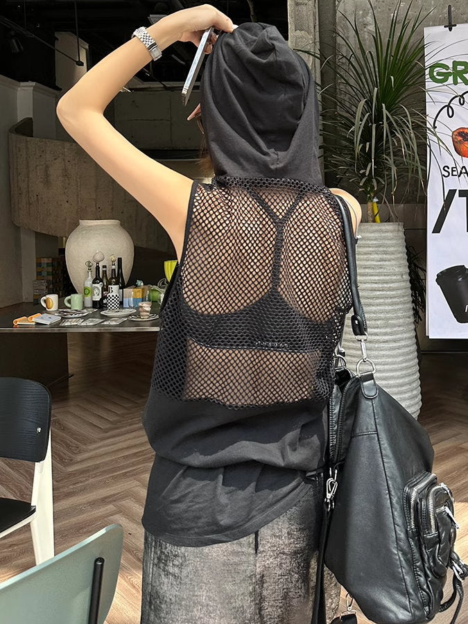 Back Mesh Sleeveless Hoodie Dress_BDHL4862