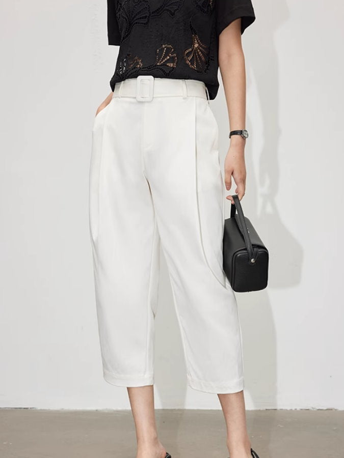 Belt Cropped Tucked Pants_BDHL4727