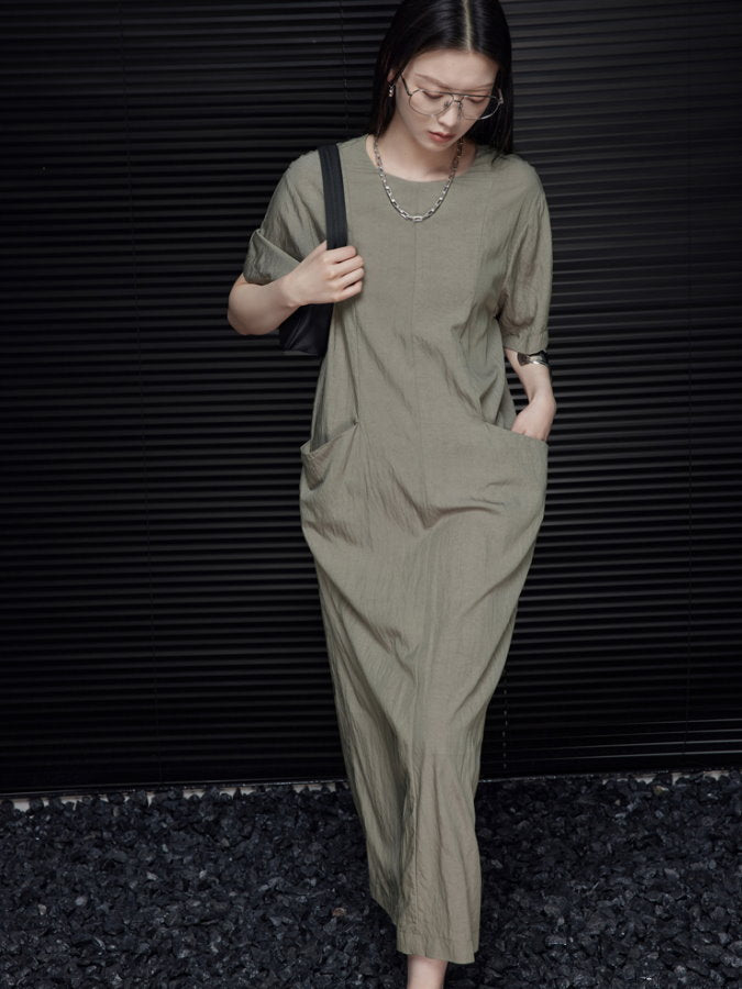 Back Ribbon Round Neck Long Dress_BDHL4660