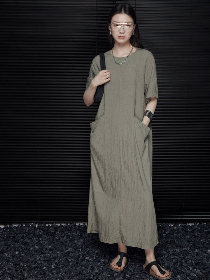 Back Ribbon Round Neck Long Dress_BDHL4660