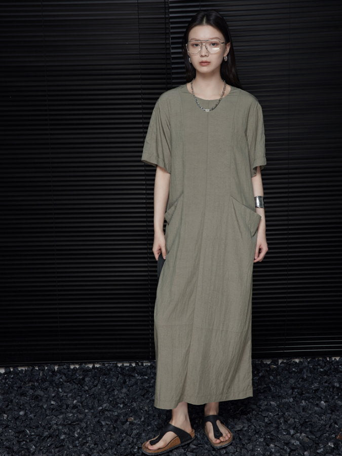 Back Ribbon Round Neck Long Dress_BDHL4660