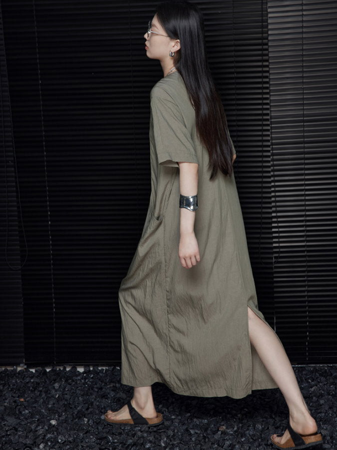 Back Ribbon Round Neck Long Dress_BDHL4660
