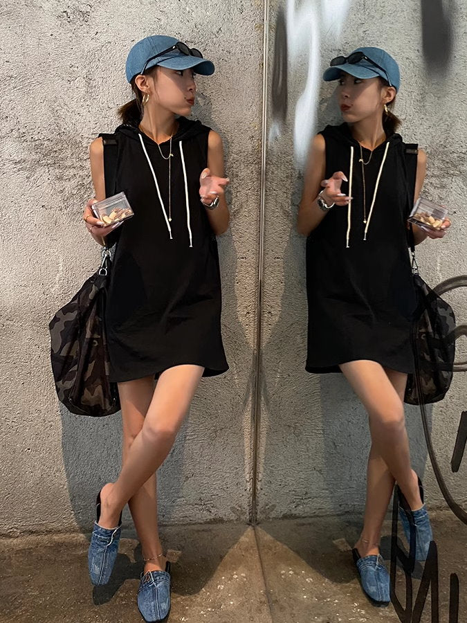 Back Mesh Sleeveless Hoodie Dress_BDHL4862