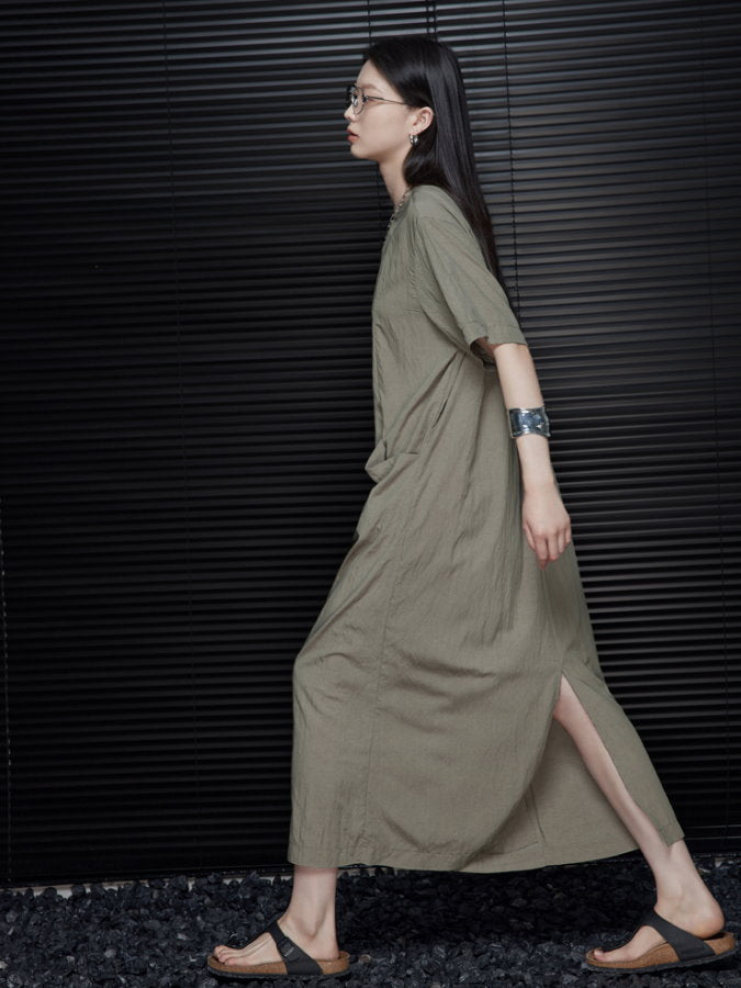 Back Ribbon Round Neck Long Dress_BDHL4660