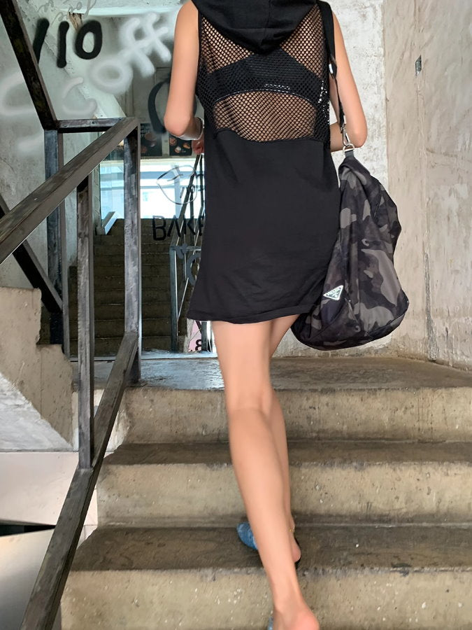 Back Mesh Sleeveless Hoodie Dress_BDHL4862