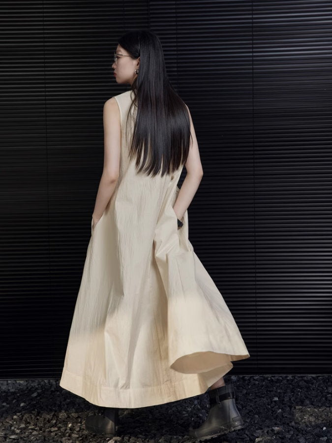 Waist Pintuck Sleeveless Flared Dress_BDHL4690