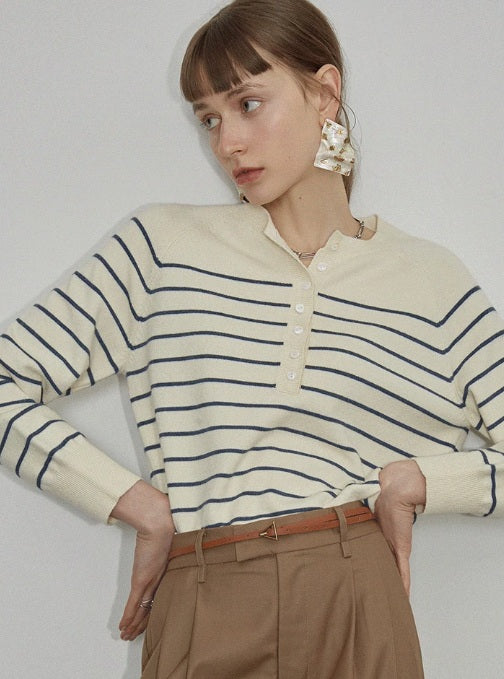 條紋亨利領針織上衣_BDHL7145