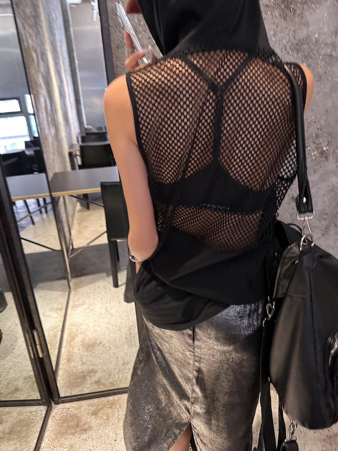 Back Mesh Sleeveless Hoodie Dress_BDHL4862