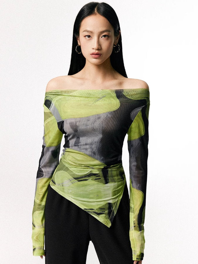 Off-Shoulder Mesh Watercolor Shirt_BDHL4708