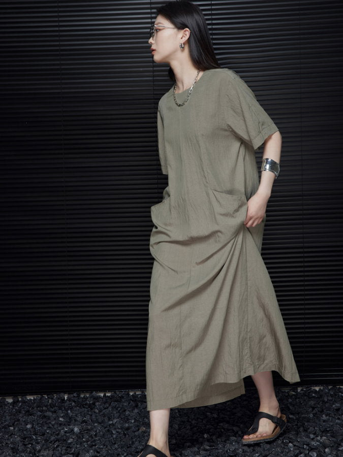Back Ribbon Round Neck Long Dress_BDHL4660