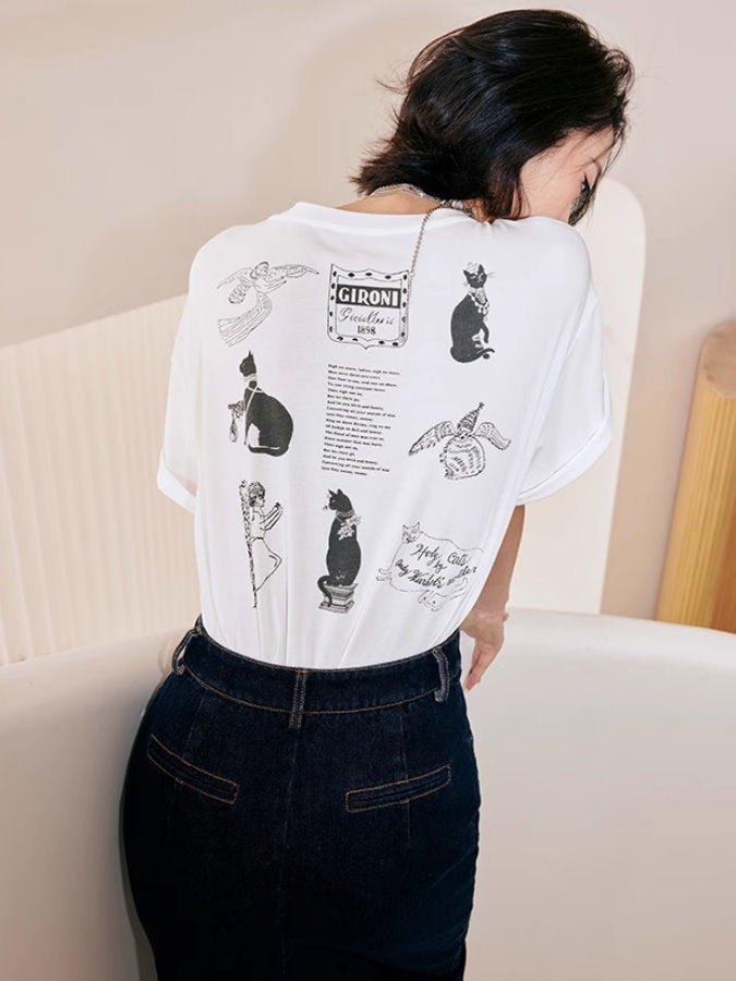 Black Cat Illustration T-Shirt_BDHL4751