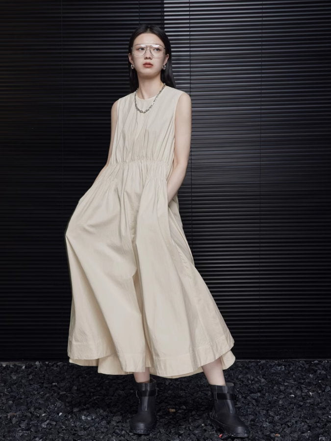 Waist Pintuck Sleeveless Flared Dress_BDHL4690