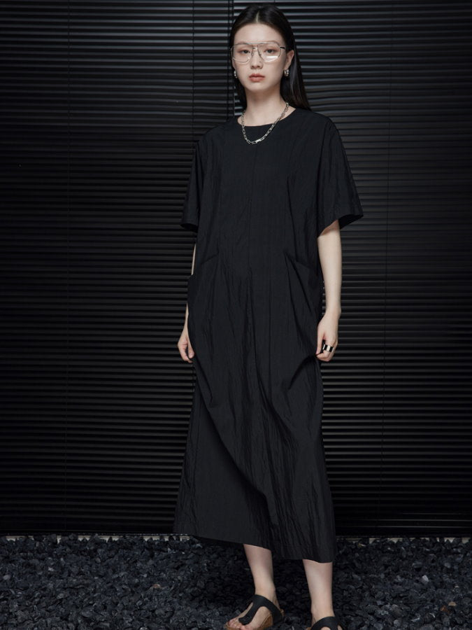 Back Ribbon Round Neck Long Dress_BDHL4660