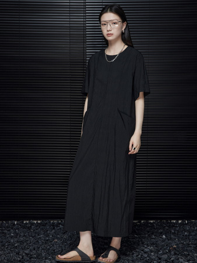 Back Ribbon Round Neck Long Dress_BDHL4660