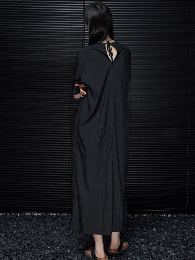 Back Ribbon Round Neck Long Dress_BDHL4660