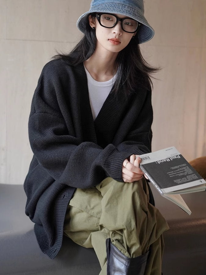 Loose v-neck knit cardigan_BDHL4991