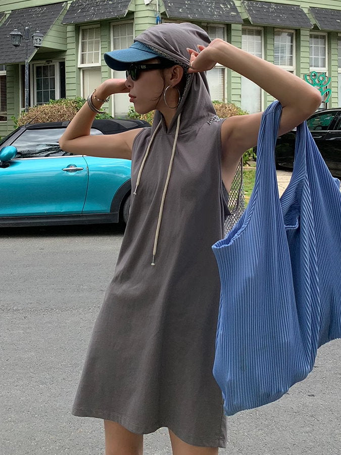 Back Mesh Sleeveless Hoodie Dress_BDHL4862
