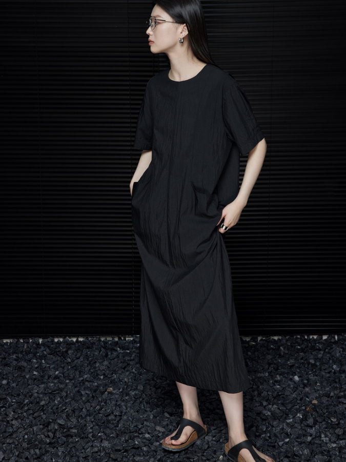 Back Ribbon Round Neck Long Dress_BDHL4660
