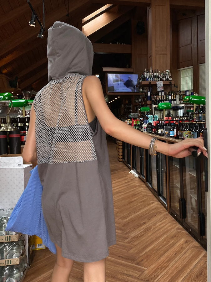 Back Mesh Sleeveless Hoodie Dress_BDHL4862