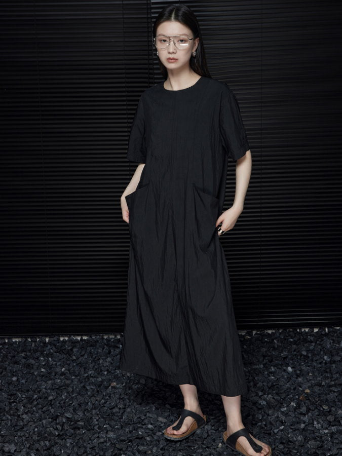 Back Ribbon Round Neck Long Dress_BDHL4660