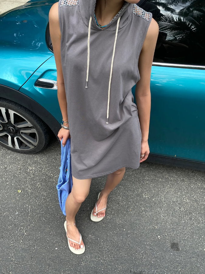 Back Mesh Sleeveless Hoodie Dress_BDHL4862