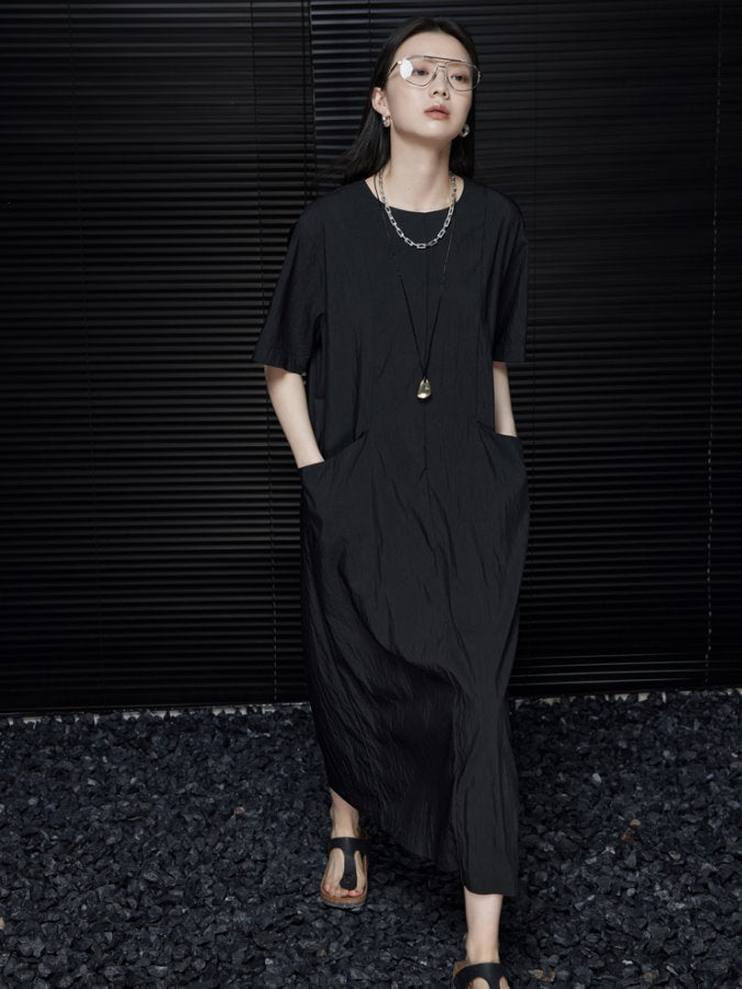 Back Ribbon Round Neck Long Dress_BDHL4660