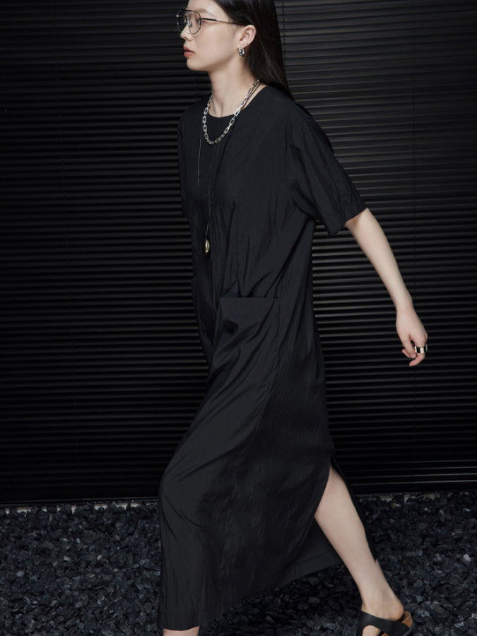 Back Ribbon Round Neck Long Dress_BDHL4660