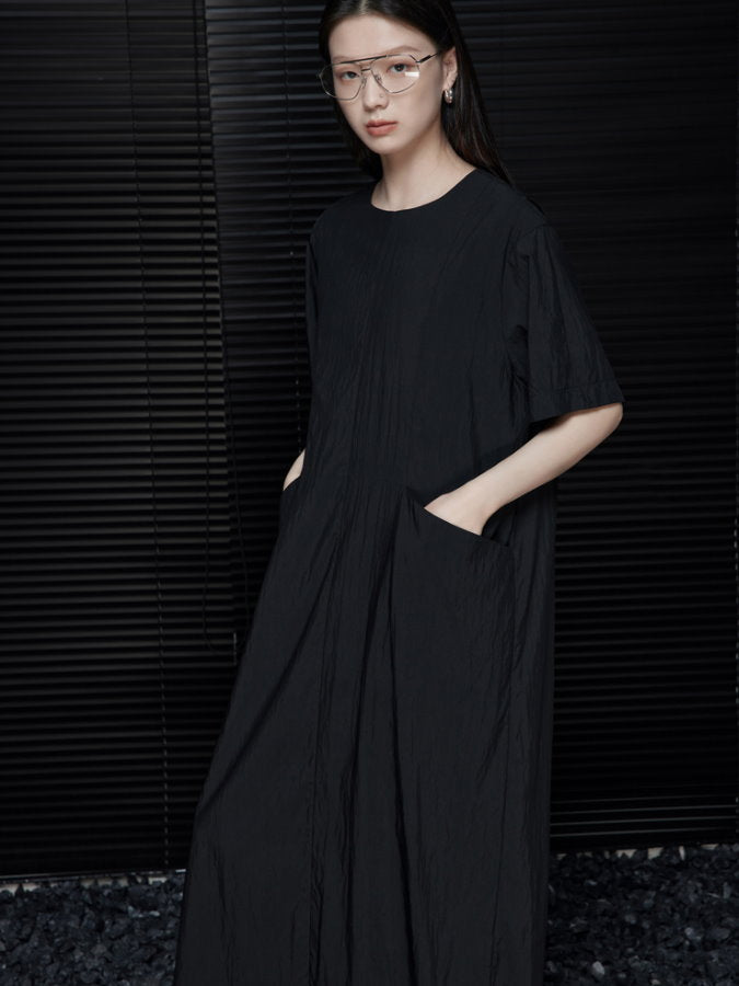 Back Ribbon Round Neck Long Dress_BDHL4660