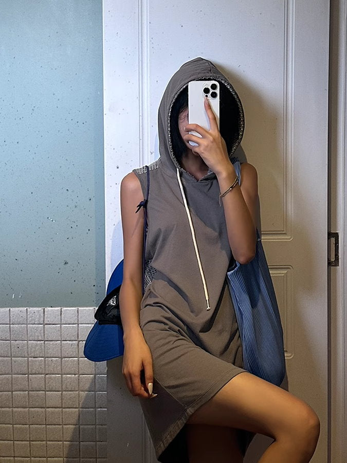 Back Mesh Sleeveless Hoodie Dress_BDHL4862