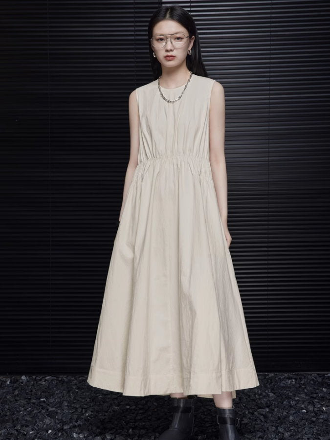 Waist Pintuck Sleeveless Flared Dress_BDHL4690