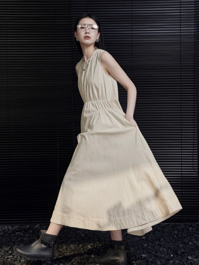 Waist Pintuck Sleeveless Flared Dress_BDHL4690