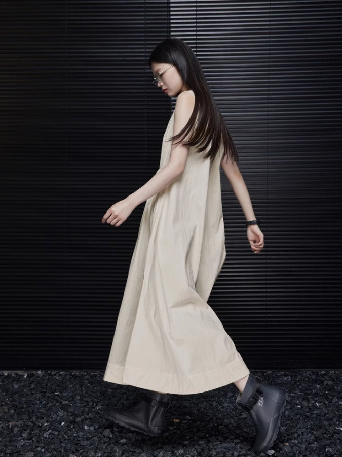 Waist Pintuck Sleeveless Flared Dress_BDHL4690