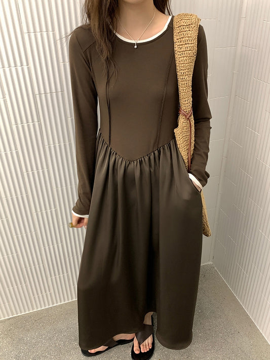 Stitched contrast color long sleeve dress_BDHL5679 - HELROUS