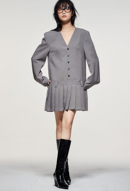 Plain pullover suit pleated dress_BDHL5693