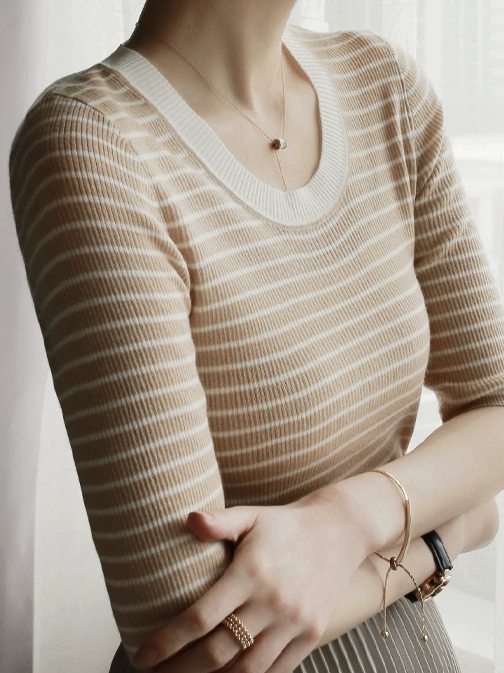 U-neck striped knit sweater_BDHL5818
