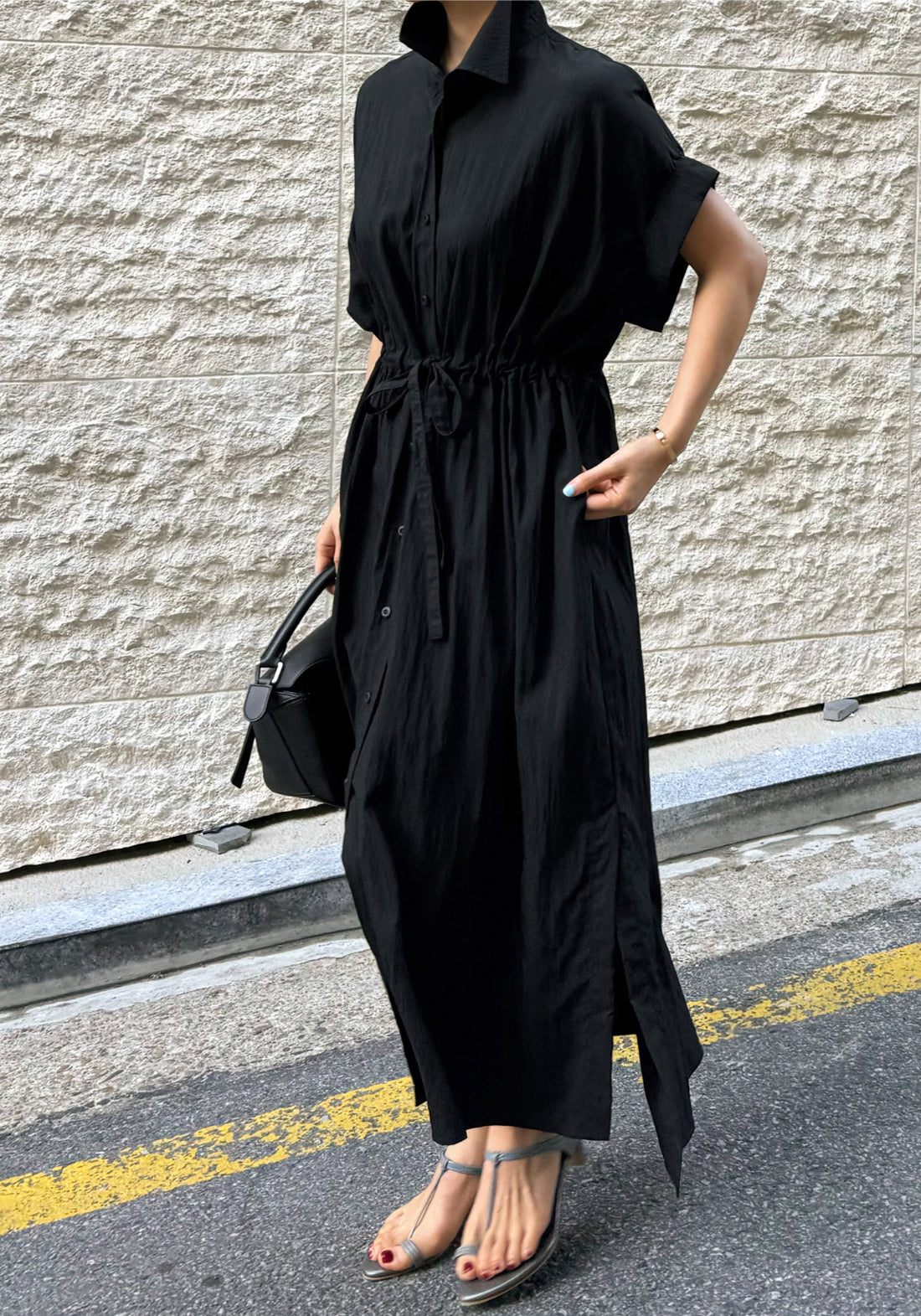 寬鬆腰帶開衩連身裙_BDHL7248