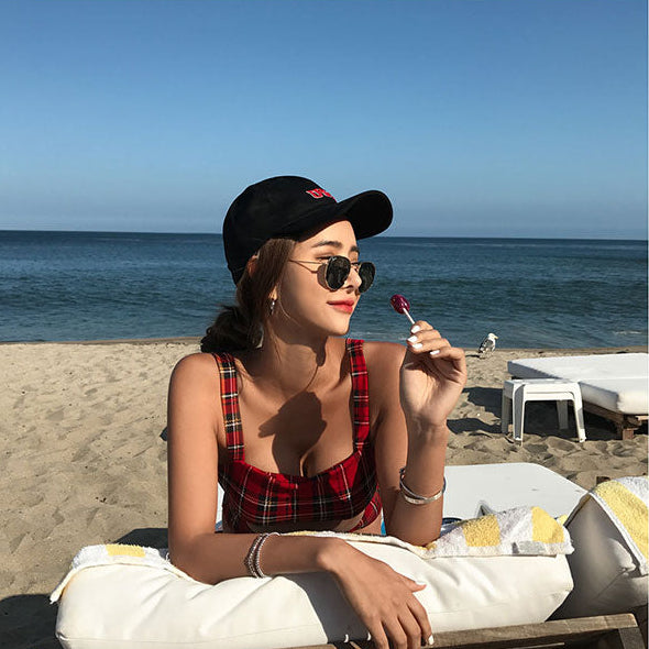 開叉高腰格紋比基尼_HL3232