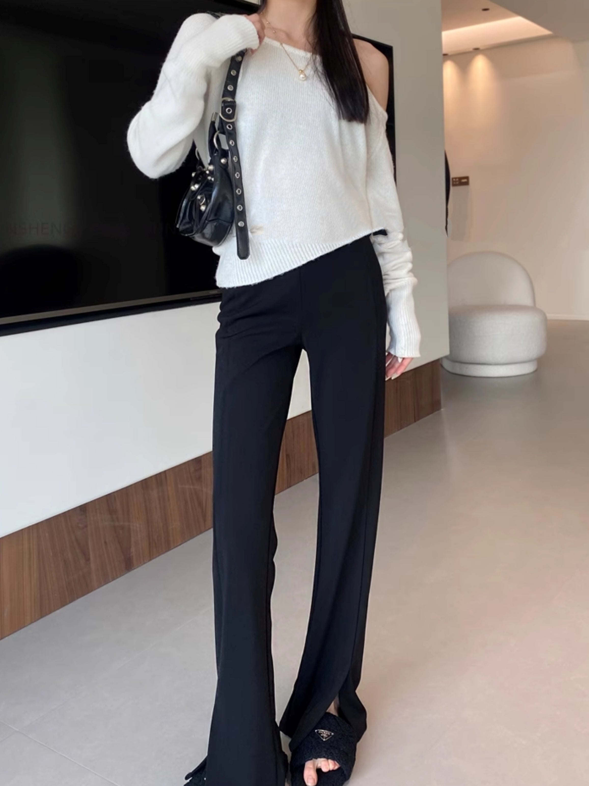 黑色開衩喇叭褲_BDHL7125