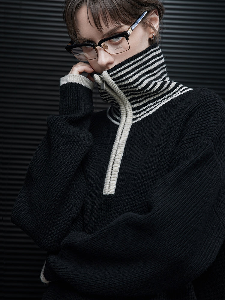 邊框高領半拉鍊針織衫_BDHL7865