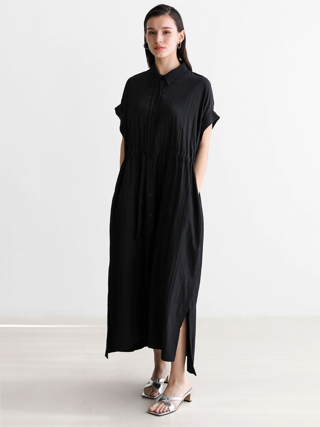 寬鬆腰帶開衩連身裙_BDHL7248