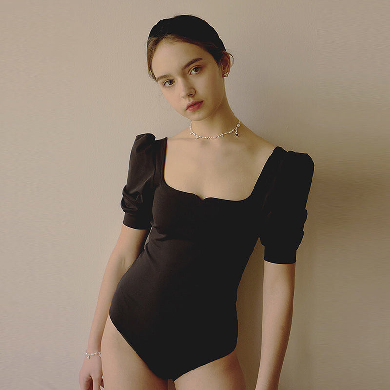 法式復古泡泡袖露背泳衣_HL3236