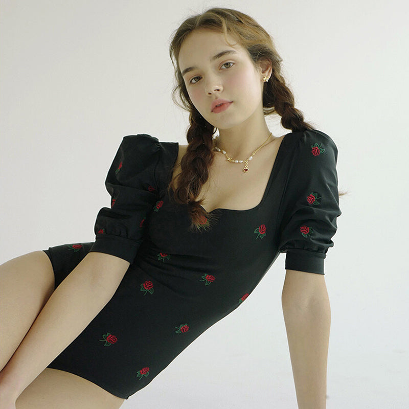 法式復古泡泡袖露背泳衣_HL3236