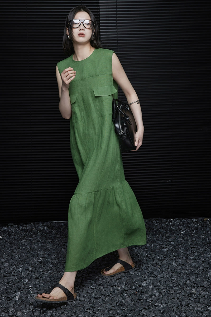 Linen sleeveless sleeveless relaxed green dress_BDHL5907